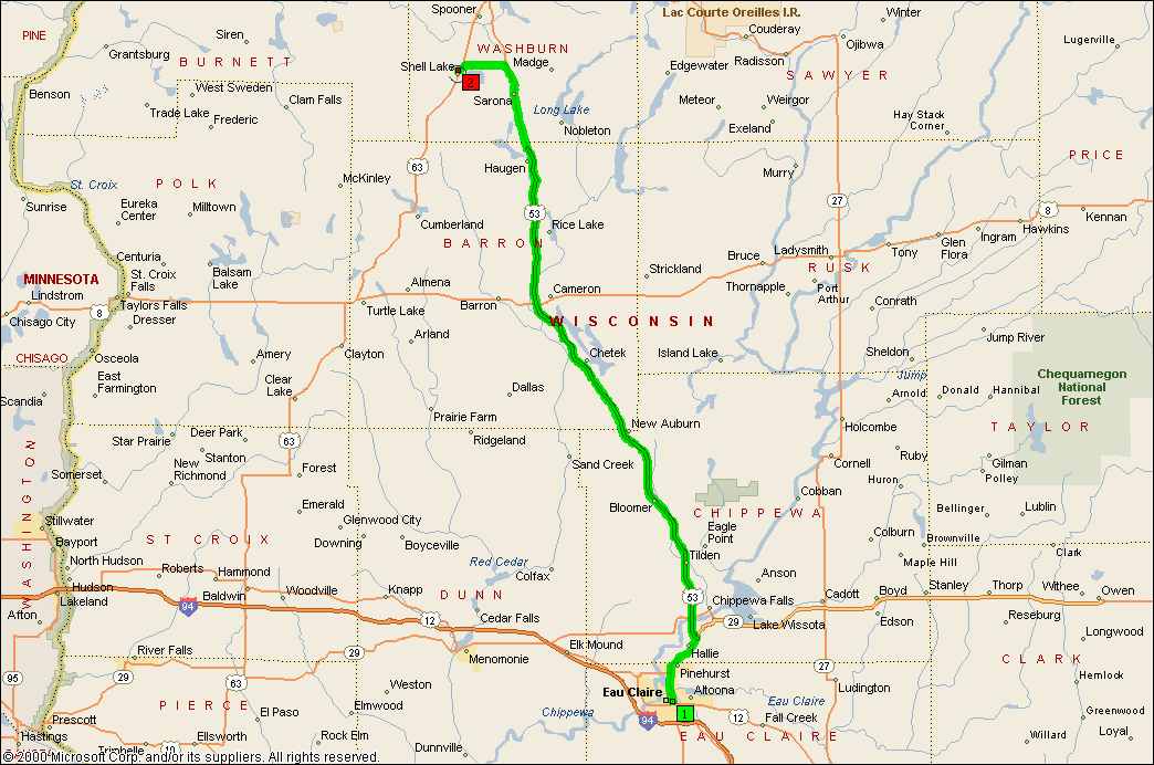 map from rice lake / eau claire to shell lake
